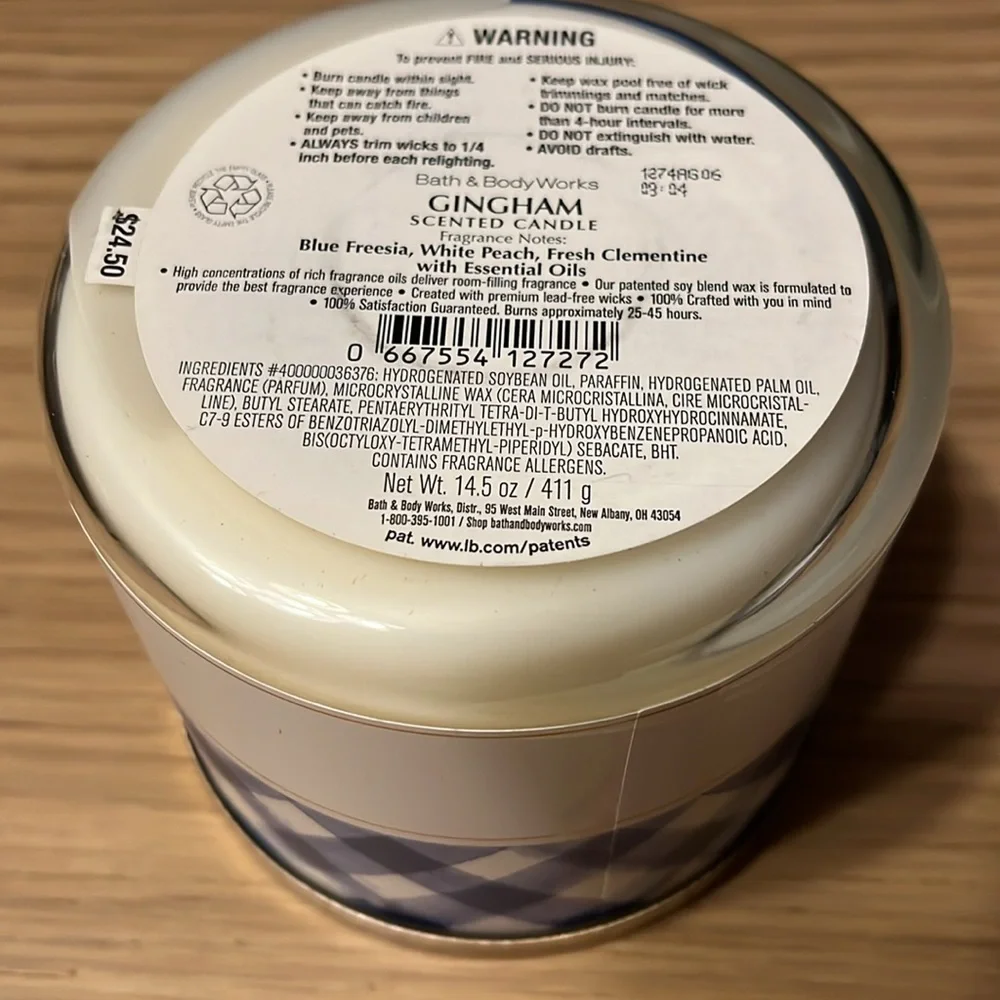 Bath & Body Works 3 Wick Candle. Gingham.